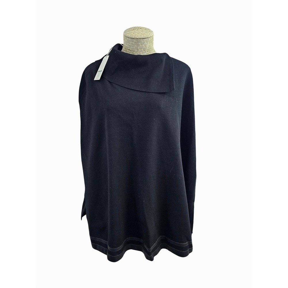 Chico's Black Split Neck Leather Trim Sweater Cape Poncho L/XL 570353947 NW $119